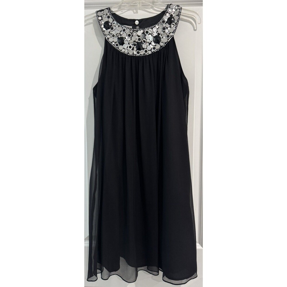 Women's Maggy London 100%Silk Black Cocktail Dress sequins along the collar Sz12